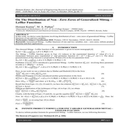 On The Distribution of Non - Zero Zeros of Generalized Mittag – Leffler Funct...