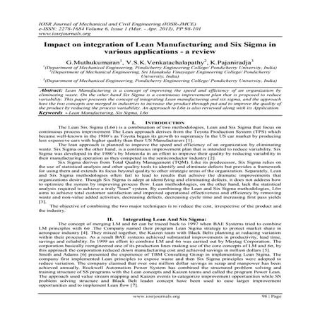 Impact on integration of Lean Manufacturing and Six Sigma in various applicat...