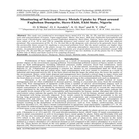 Monitoring of Selected Heavy Metals Uptake by Plant around Fagbohun Dumpsite,...
