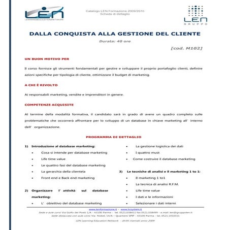 Dalla conquista alla gestione del cliente - Scheda corso LEN