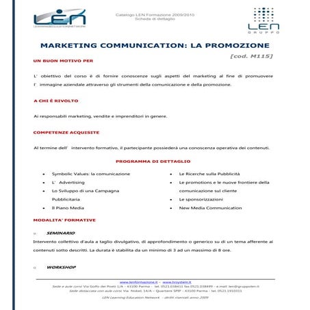 Marketing Communication: la promozione - Scheda corso LEN