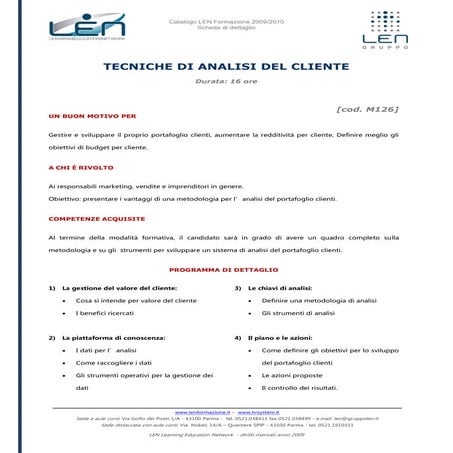Tecniche di analisi del cliente - Scheda corso LEN