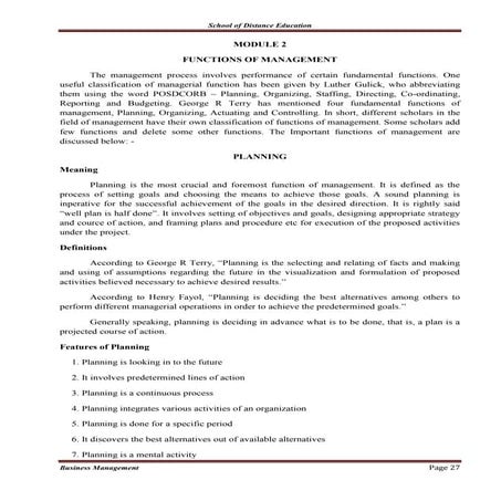 Planning - Meaning and Definition – Nature – Objectives – Advantages and Disa...