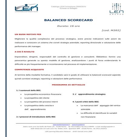 Balanced scorecard - Scheda corso LEN