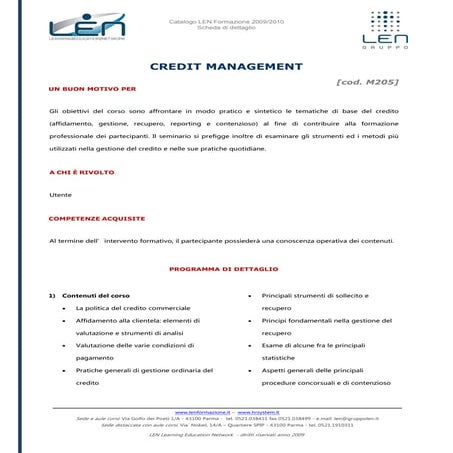 Credit management - Scheda corso LEN
