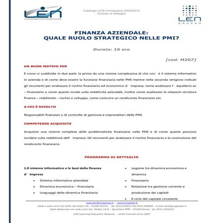 Finanza aziendale quale ruolo strategico nelle pmi - Scheda corso LEN | PDF