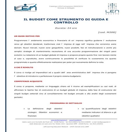 Il budget come strumento di guida e controllo - Scheda corso LEN