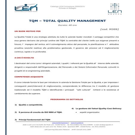 Tqm: total quality management - Scheda corso LEN