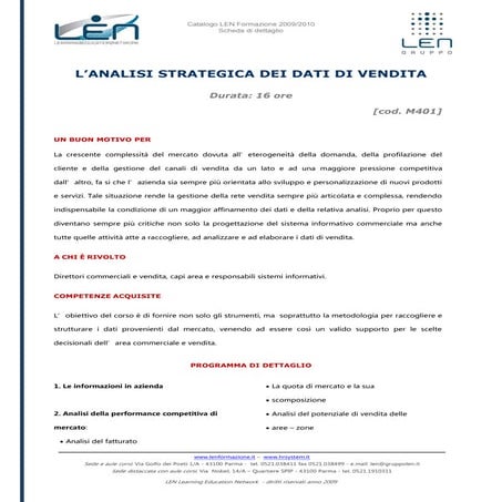 Analisi strategica dati vendita - Scheda corso LEN