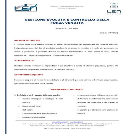 Gestione evoluta e controllo della forza vendita - Scheda corso LEN