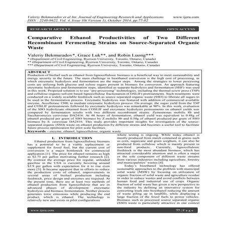 Comparative Ethanol Productivities of Two Different Recombinant Fermenting St...