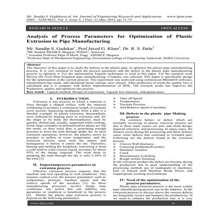 Analysis of Process Parameters for Optimization of Plastic Extrusion in Pipe ...