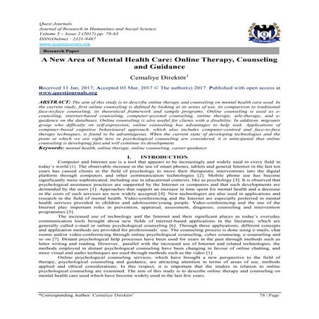 A New Area of Mental Health Care: Online Therapy, Counseling and Guidance