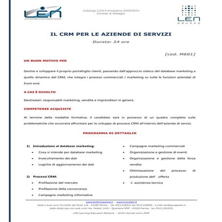Il crm per le aziende dei servizi - Scheda corso LEN