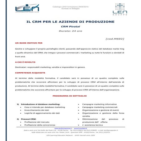 Crm per le aziende di produzione - Scheda corso LEN