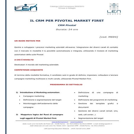 Crm pivotal market first - Scheda corso LEN