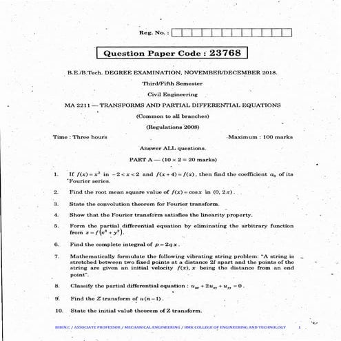 Ma2211 TRANSFORMS AND PARTIAL DIFFERENTIAL EQUATIONS