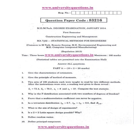 Ma5165 statistical methods for engineers-previous year question papers