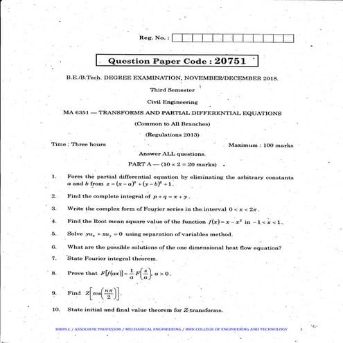 Ma6351 TRANSFORMS AND PARTIAL DIFFERENTIAL EQUATIONS
