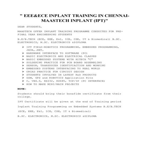 EEE & ECE INPLANT TRAINING IN CHENNAI 
