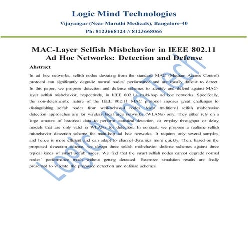 Mac layer selfish misbehavior in ieee 802.11 ad hoc networks detection and de...