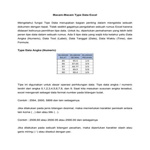 Macam macam type data di excel