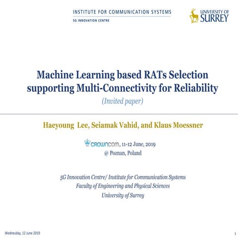 Machine learning based ra ts selection for multi connectivity fo reliability (hl)