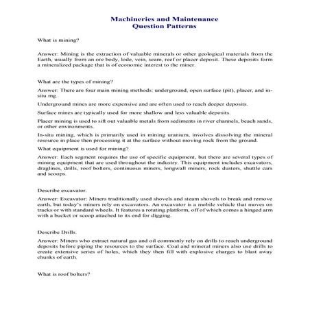 Machineries and Maintenance Question Patterns for Mining students