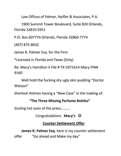 Macy's counter settlement offer louis charles hamilton ii