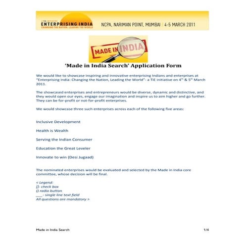 Made in India Search Nomination form 2011