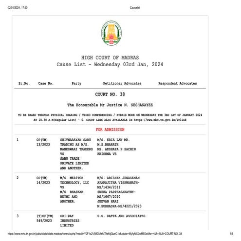 Madras High Court Cause List Dated 03 01 2024 pdf Madras High Court Cause List Dated 03 01 2024 pdf