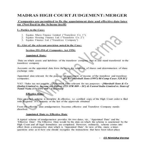 Madras High Court Judgement - Merger & Amlagamation