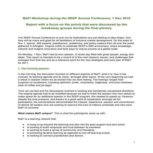 MaFI workshop report SEEP Annual Conf, 1 Nov 2010