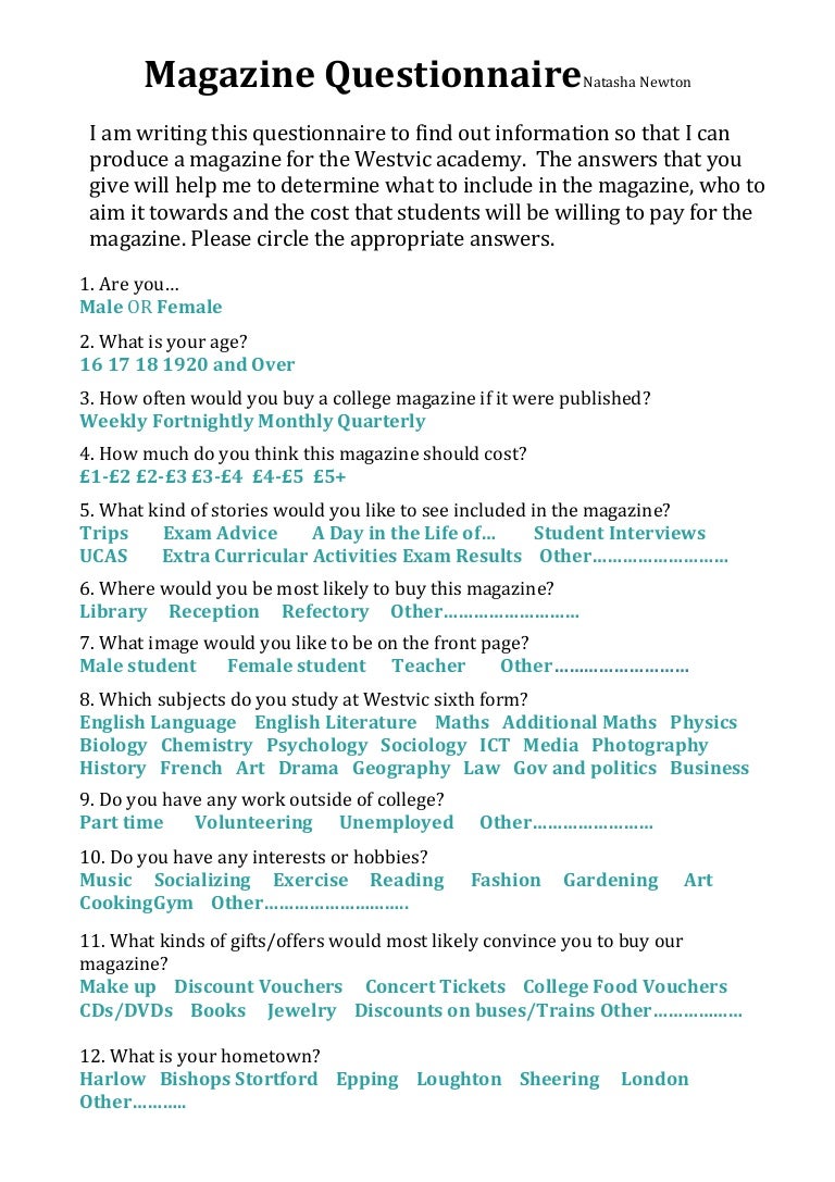 Magazine questionnaire1