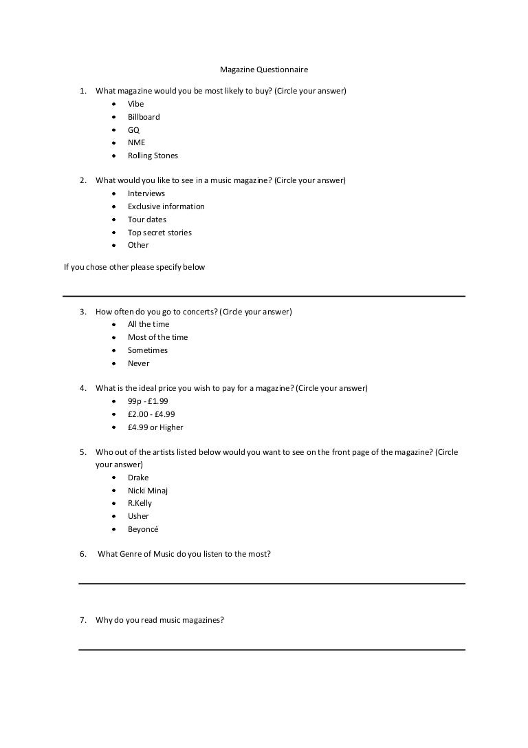 Magazine questionnaire