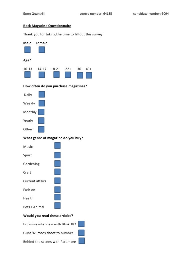 Magazine questionnaire