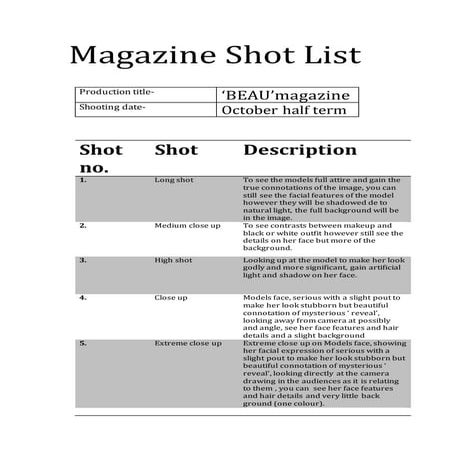 Magazine shot list | DOCX