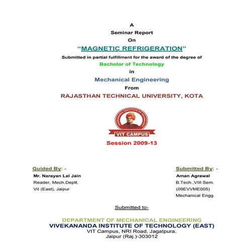 Magnetic refrigeration Seminar Report
