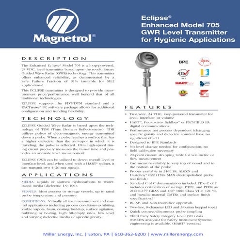Magnetrol Guide Wave Radar Level Transmitter For Hygienic Applications