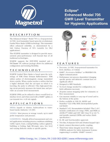 Magnetrol Guide Wave Radar Level Transmitter For Hygienic Applications
