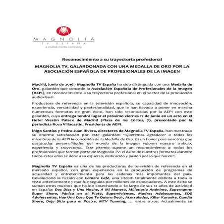 Magnolia TV galardonada con una Medalla de Oro de la AEPI
