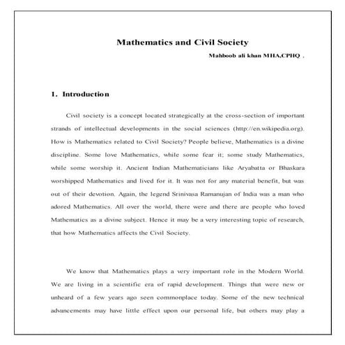 Mathematics and Our Society by Mahboob ali khan MHA,CPHQ 