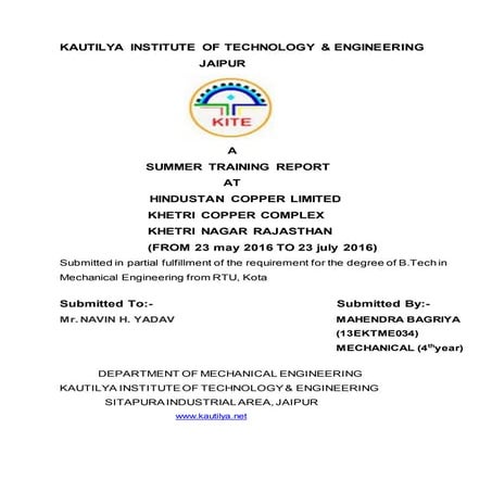 training report at hindustan copper limited