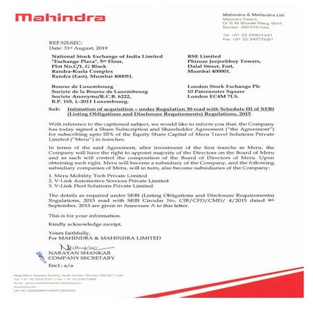 Mahindra Meru Cabs Deal - Official Filing