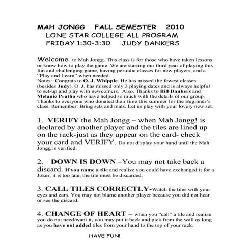Mah Jongg   Fall Semester   2010