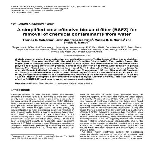 Africa;  A Simplified Cost-Effective Biosand Filter (BSFZ) For Removal Of Chemical Contaminants From Water  
