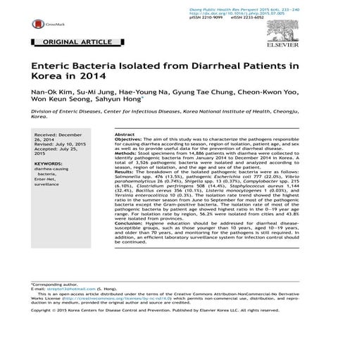 Mai nEnteric Bacteria Isolated from Diarrheal Patients in Korea in 2014