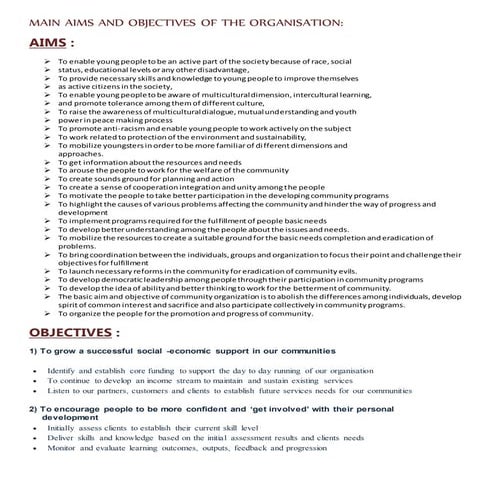 Main aims and objectives of the organisation
