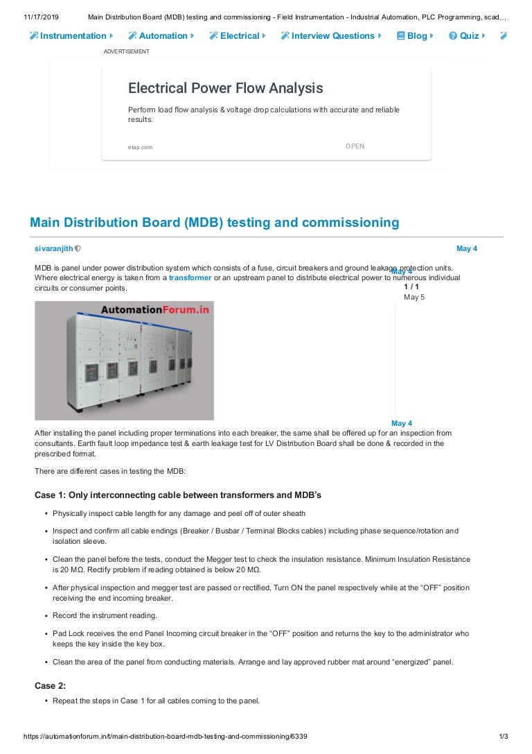 Main distribution board (mdb) testing and commissioning field instr…