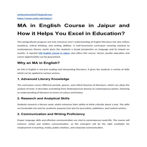 MA in English Course in Jaipur and How it Helps You Excel in Education?